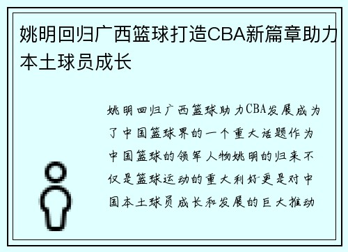 姚明回归广西篮球打造CBA新篇章助力本土球员成长