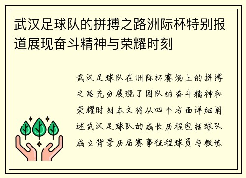 武汉足球队的拼搏之路洲际杯特别报道展现奋斗精神与荣耀时刻